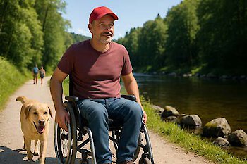 Rollstuhlfahrer im Bayerischen Wald